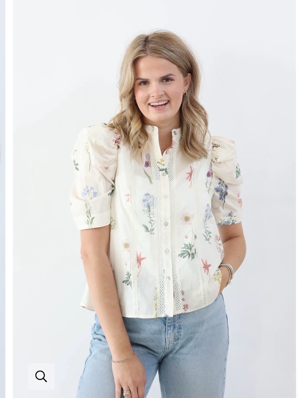 Entro Top‎ with White Floral multi color Puff-Sleeves Size L